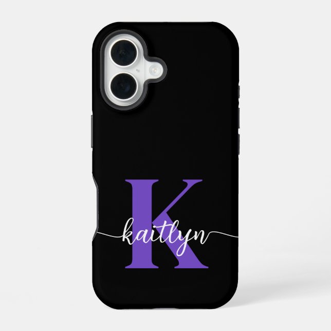 Funda Para iPhone 16 Monograma de guión negro morado (Reverso )