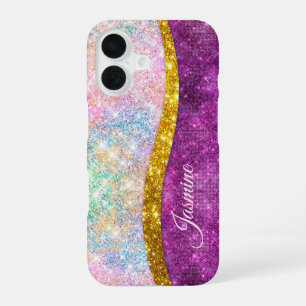 Funda Para iPhone 16 Monograma de imitación de oro de fuchsia iridiscen