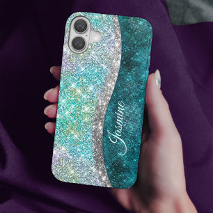 Funda Para iPhone 16 Monograma de imitación turquesa iridiscente blanco