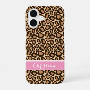 Funda Para iPhone 16 Monograma de impresión de leopardo rosa y marrón