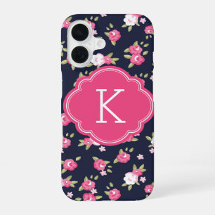 Funda Para iPhone 16 Monograma de impresión floral vintage de Moda rosa