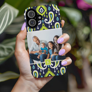 Funda Para iPhone 16 Monograma de la foto del Personalizado Navy and Gr
