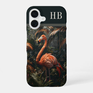 Funda Para iPhone 16 Monograma de la jungla de flamencos tropicales per