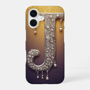 Funda Para iPhone 16 Monograma de letra J de lujo en oro diamante y per