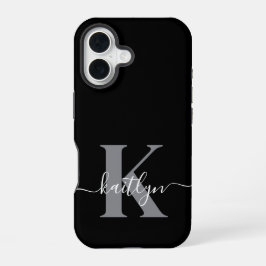 Funda Para iPhone 16 Monograma de letra script gris negro moderno