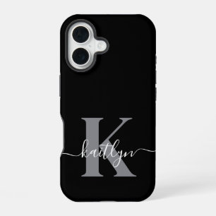 Funda Para iPhone 16 Monograma de letra script gris negro moderno