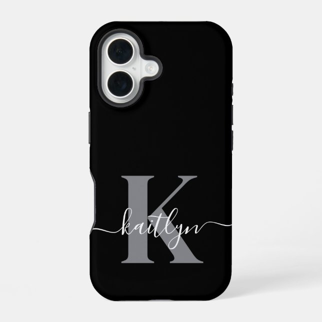 Funda Para iPhone 16 Monograma de letra script gris negro moderno (Reverso )
