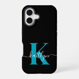 Funda Para iPhone 16 Monograma de letra script moderna negro turquesa