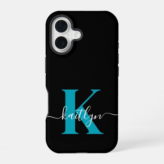 Funda Para iPhone 16 Monograma de letra script moderna negro turquesa (Reverso )