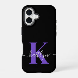 Funda Para iPhone 16 Monograma de letra script morado negro moderno