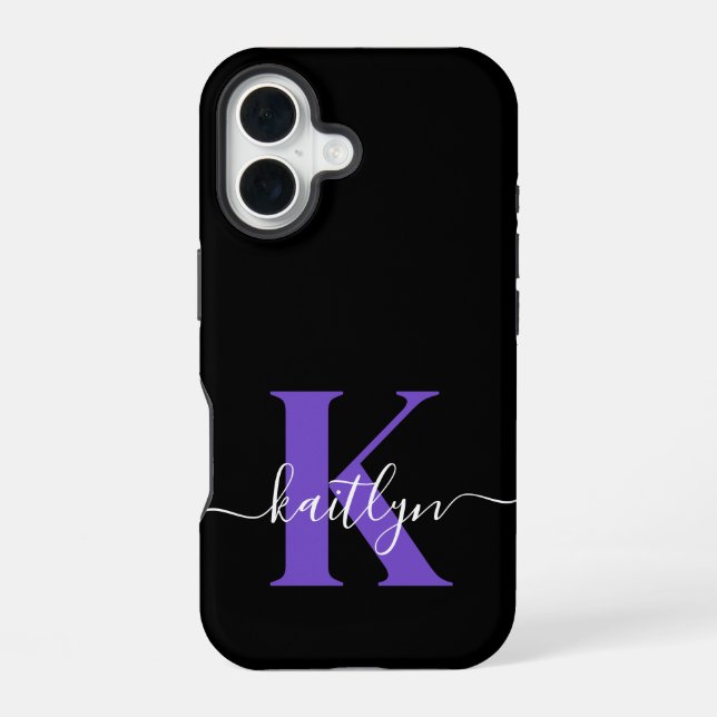 Funda Para iPhone 16 Monograma de letra script morado negro moderno (Reverso )