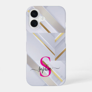 Funda Para iPhone 16 monograma de líneas de oro de mármol blanco