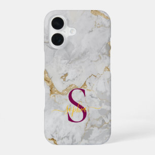 Funda Para iPhone 16 monograma de mármol blanco con brillo dorado