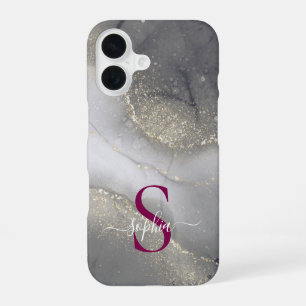 Funda Para iPhone 16 monograma de mármol negro y blanco con brillo dora