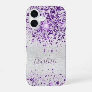Funda Para iPhone 16 Monograma de nombre con destellos de purpurina pla