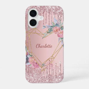 Funda Para iPhone 16 Monograma de nombre con gotas florales de color ro