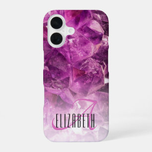 Funda Para iPhone 16 Monograma de nombre personalizado Cristales Morado