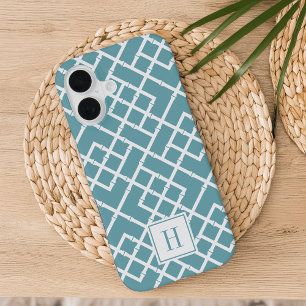 Funda Para iPhone 16 Monograma de Patrón de Celosía de Bambú Aqua Polvo