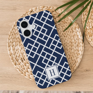 Funda Para iPhone 16 Monograma de Patrón de Celosía de Bambú Azul Marin