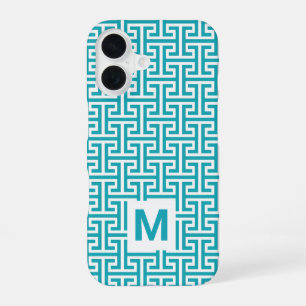 Funda Para iPhone 16 Monograma de Patrón Geométrico Azul y Blanco