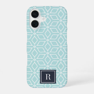 Funda Para iPhone 16 Monograma de Patrón Geométrico Cute Mint y Navy