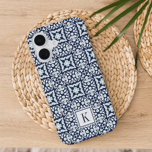 Funda Para iPhone 16 Monograma de Patrón Mediterráneo Azul Marino y Bla