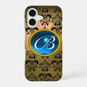 FUNDA PARA iPhone 16 MONOGRAMA DE PIEDRA PRECIOSA AZUL DAMASCO AMARILLO