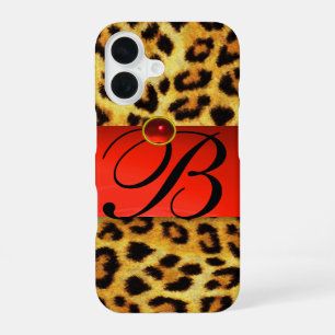 FUNDA PARA iPhone 16 MONOGRAMA DE PIEDRA PRECIOSA RUBÍ ROJO DE PIEL DE 
