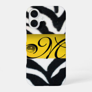 FUNDA PARA iPhone 16 MONOGRAMA DE PIEL DE CEBRA AMARILLO NEGRO BLANCO,T