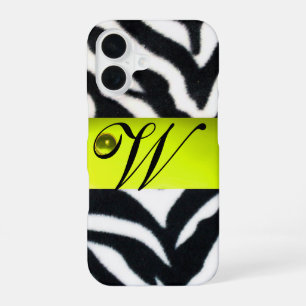FUNDA PARA iPhone 16 MONOGRAMA DE PIEL DE CEBRA AMARILLO NEGRO BLANCO,T