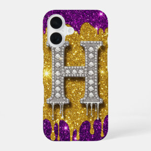 Funda Para iPhone 16 Monograma de purpurina de diamante H ✨ Goteo dorad