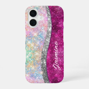 Funda Para iPhone 16 Monograma de purpurina de imitación plateado rosad