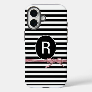 Funda Para iPhone 16 Monograma de rayas negras y blancas atado con cuer