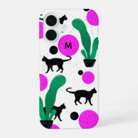 Monograma del patrón de gato y cactus negro modern