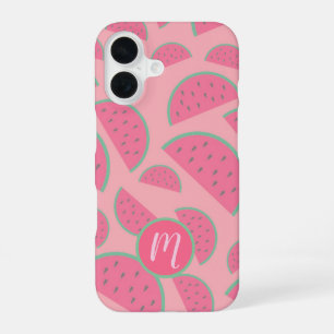 Funda Para iPhone 16 Monograma del patrón de la sandía rosada