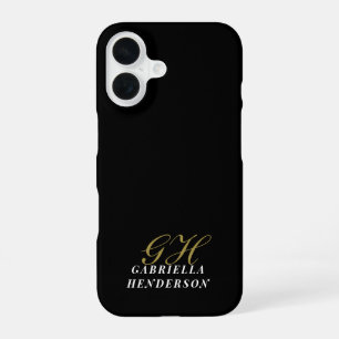 Funda Para iPhone 16 Monograma Dorado Negro Minimalista Nombre Elegante