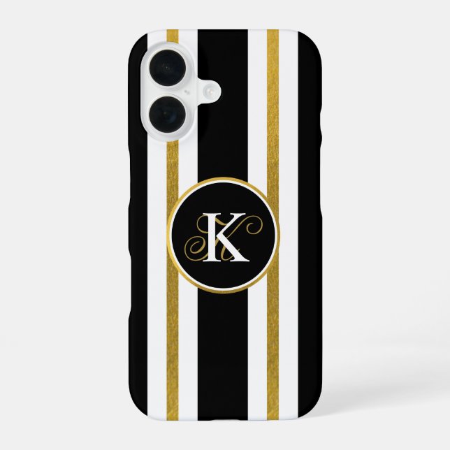 Funda Para iPhone 16 Monograma elegante personalizado de franjas de oro (Reverso )