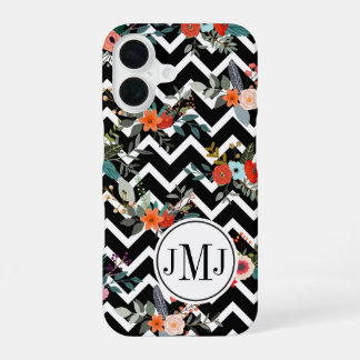 Funda Para iPhone 16 Monograma floral de Chevron en blanco y negro