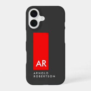 Funda Para iPhone 16 Monograma Gris Rojo Moderno Agregar Reemplazar Ini