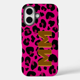 Funda Para iPhone 16 Monograma Moderna de Sombra Marrón Leopardo Rosa C