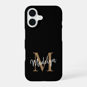 Funda Para iPhone 16 Monograma moderno de oro negro Nombre de guión fem
