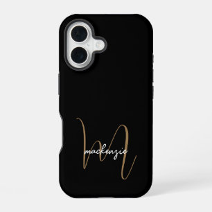 Funda Para iPhone 16 Monograma moderno de oro negro Nombre de guión fem
