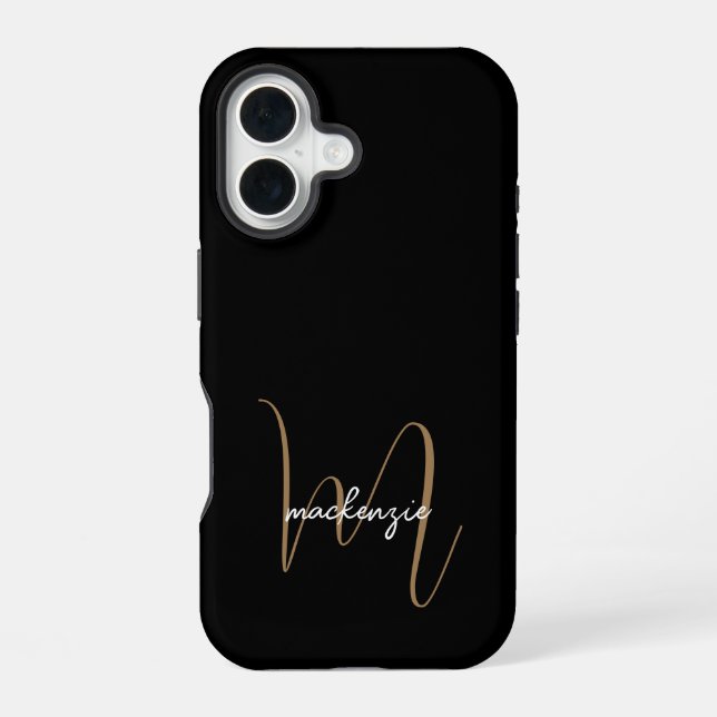 Funda Para iPhone 16 Monograma moderno de oro negro Nombre de guión fem (Reverso )