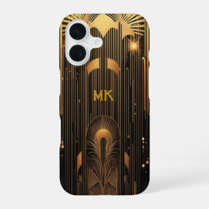 Funda Para iPhone 16 Monograma negro dorado Art Deco de los locos años