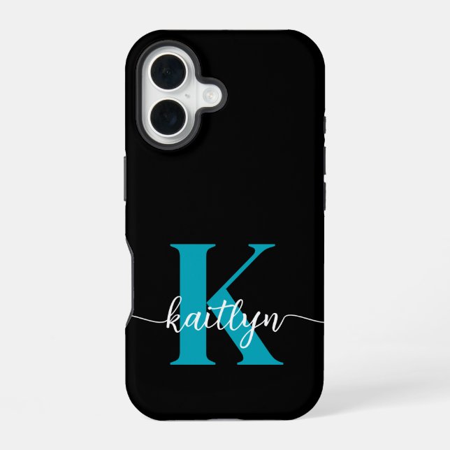 Funda Para iPhone 16 Monograma Negro Teal (Reverso )