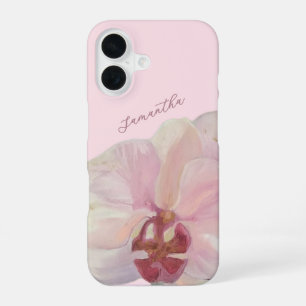 Funda Para iPhone 16 Monograma Nombre Pastel Rosa Floral Orquídea Elega