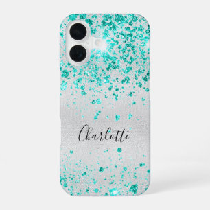 Funda Para iPhone 16 Monograma nombre verde brillo azul verdoso platead