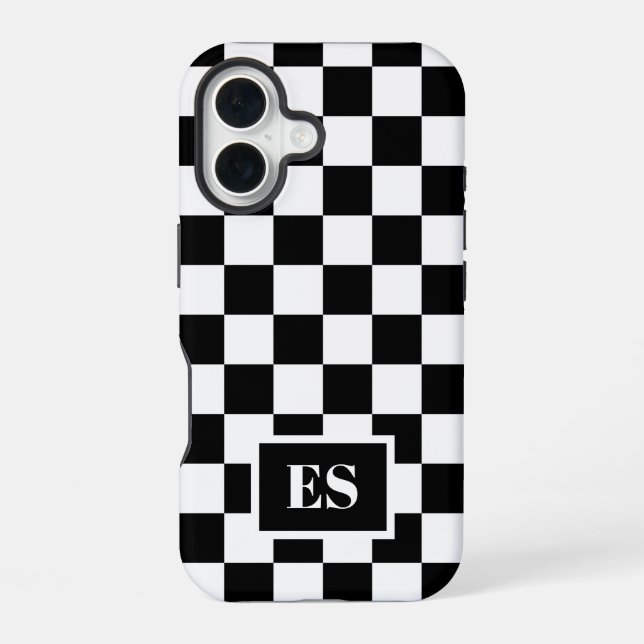 Funda Para iPhone 16 Monograma Patrón blanco negro revisado (Reverso )