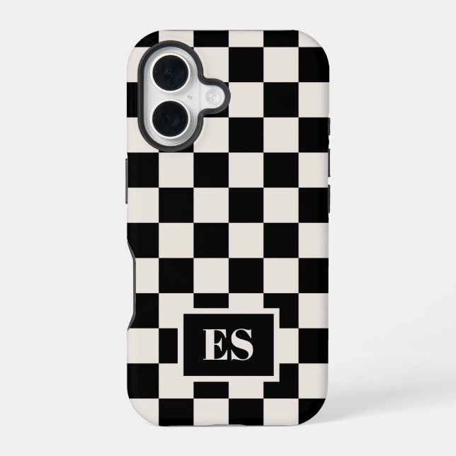 Funda Para iPhone 16 Monograma Patrón negro y crema verificado (Reverso )