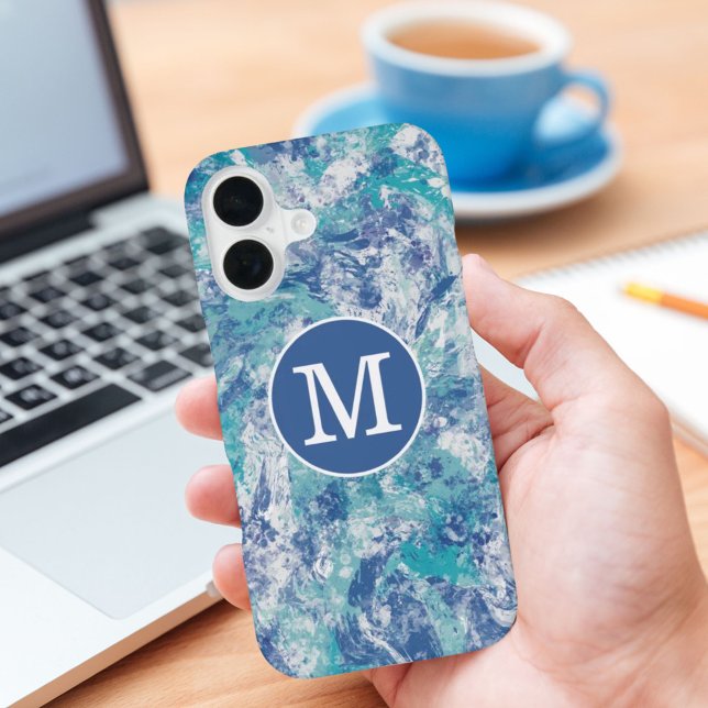 Funda Para iPhone 16 Monograma personalizado de salpicadura azul (Subido por el creador)
